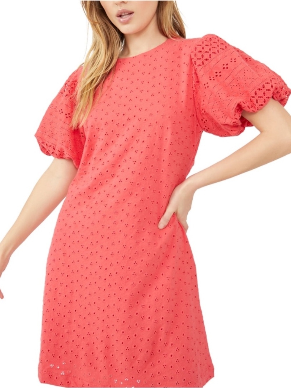 Free People Apricot Rose Watermelon Spritz Eyelet Puff-Sleeve Mini Dress Sz M